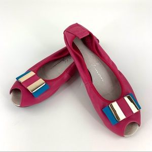 ESH by Estée Isman Fuchsia Leather Peep Toe Slip On Ballet Flats, EU 41